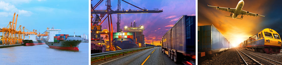 Freight Forwarding image with container ship, docks, rail and air transport of goods