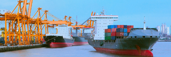 Shipping company Unipac Shipping with a huge container ship at the dock in China