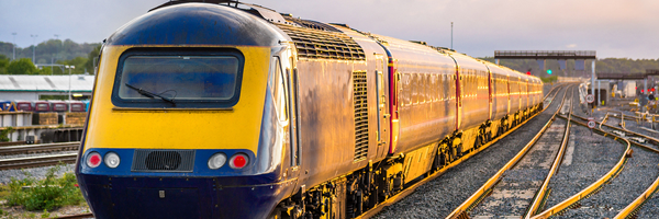 Rail transport image showing front end of moving train