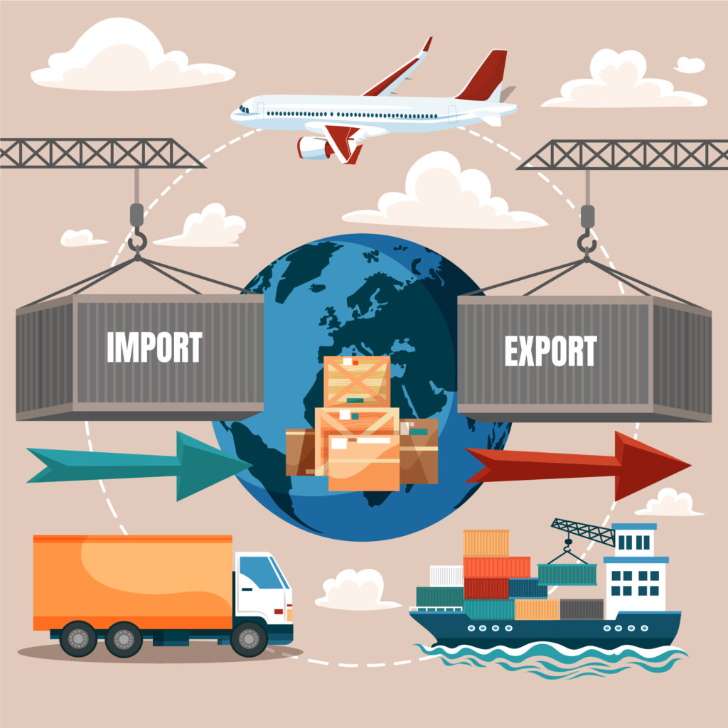 Global trade scene: ship, truck and crates around a globe with import and export labels and cranes in the background